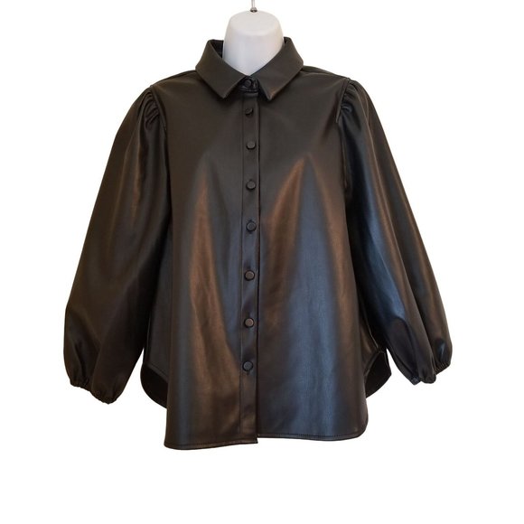 BCBGeneration S Black Faux Vegan Leather Top Blouse Button Front - Picture 5 of 12